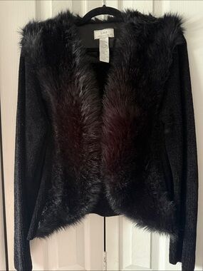 Lisa International Black Faux Fur Trim Knit Cardigan